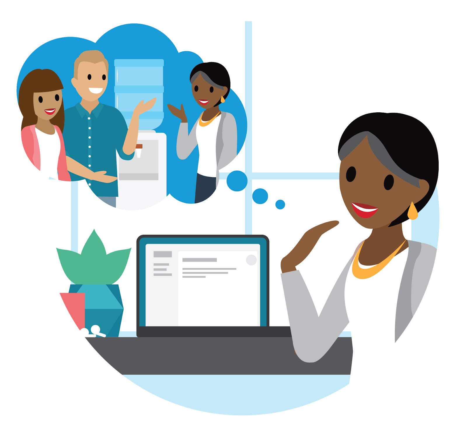 Woman enjoying a virtual water-cooler chat with colleagues