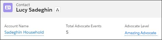 The advocate level fields added to the contact record highlights panel in the No More Homelessness org