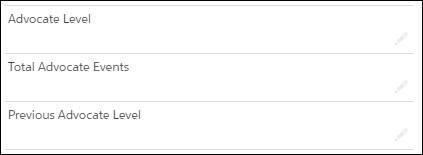 The three fields for advocate levels at No More Homelessness: Advocate Level, Total Advocate Events, and Previous Advocate Level