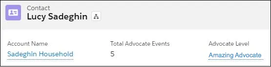 The advocate level fields added to the contact record highlights panel in the No More Homelessness org