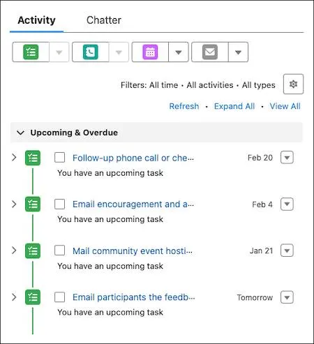 The activity component and a list of Upcoming & Overdue tasks