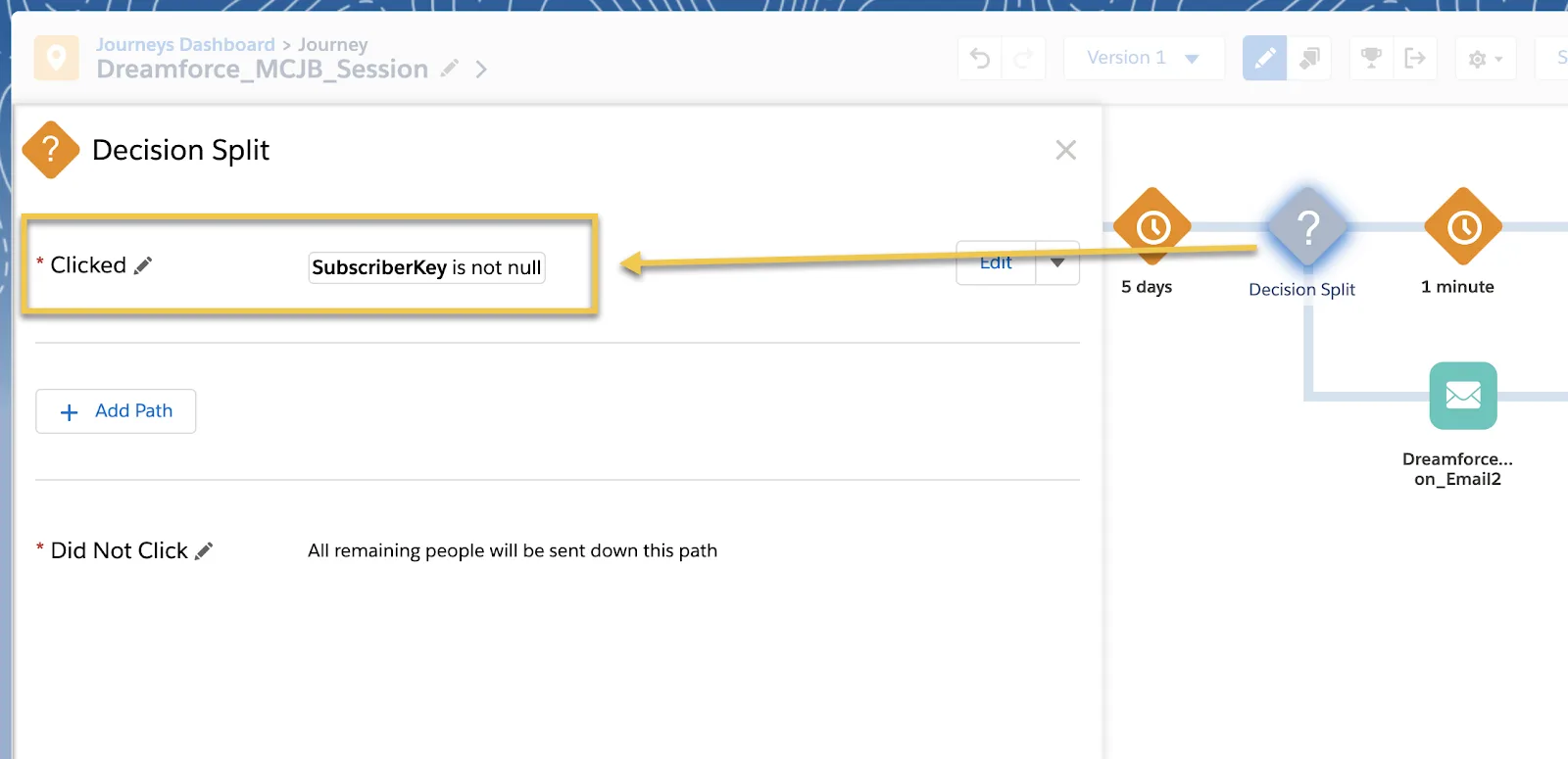 Decision split criteria considering whether the SubscriberKey is not null.