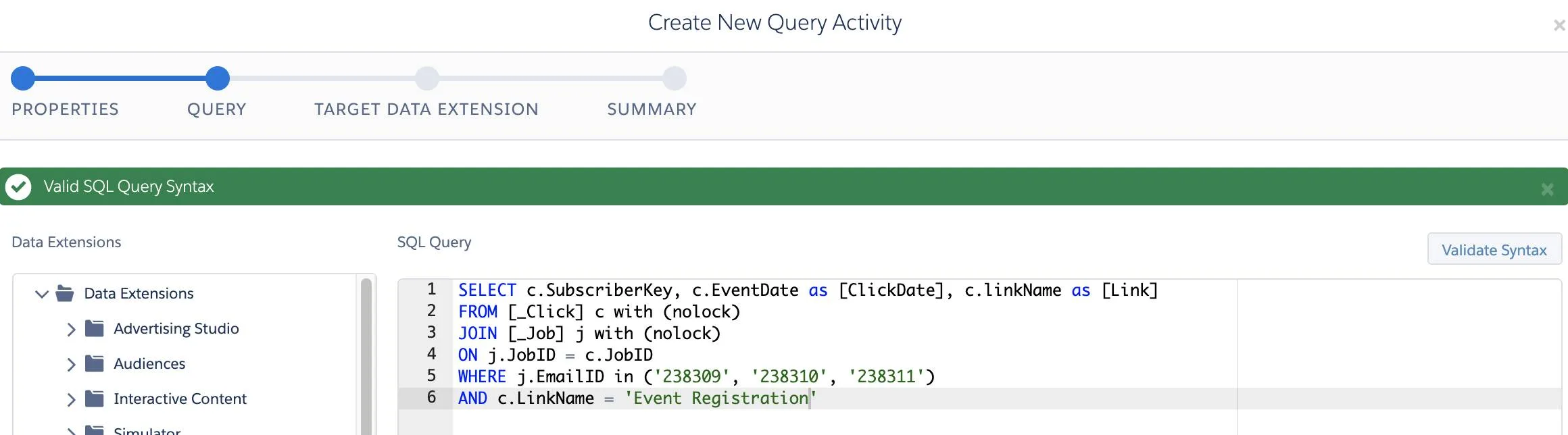 An SQL query that returns subscribers who clicked links in an email message.