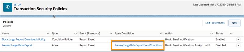 Main Transaction Security Policies page showing the new Prevent Large Data Export policy with its auto-generated Apex class PreventLargeDataExportEventCondition listed in the Apex Condition column highlighted