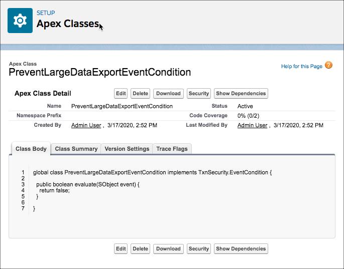 Apex クラスを編集する [設定] ページに [PreventLargeDataExportEventCondition] クラスと自動生成されたコードの一部が表示されています。