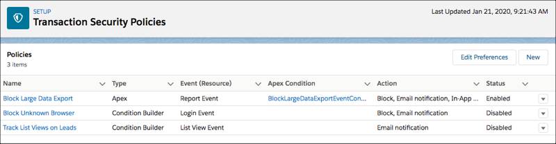 List of policies in the main Transaction Security Policies page.