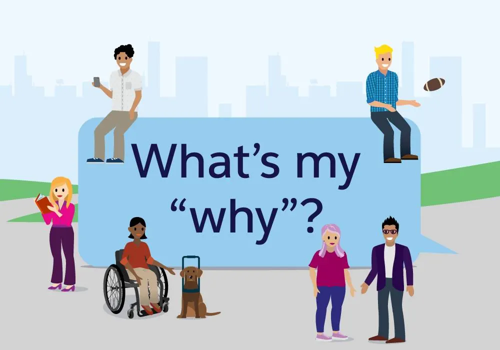 A group of employees gathered around a speech bubble that reads, “What’s my ‘why’?”