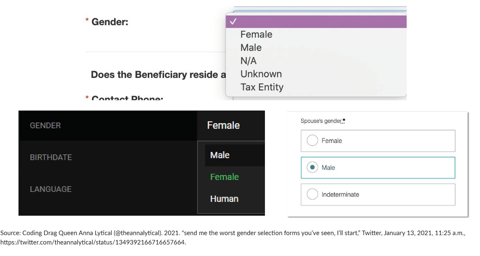 Selection of gender dropdown menus with questionable gender response options: female, male, n/a, unknown, and tax entity.