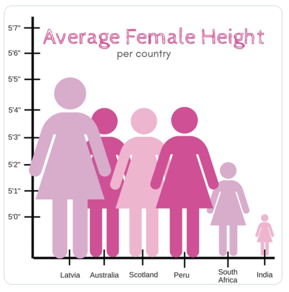 Gráfico usando tamanhos variados de figuras femininas para mostrar diferenças de altura entre mulheres em seis países.