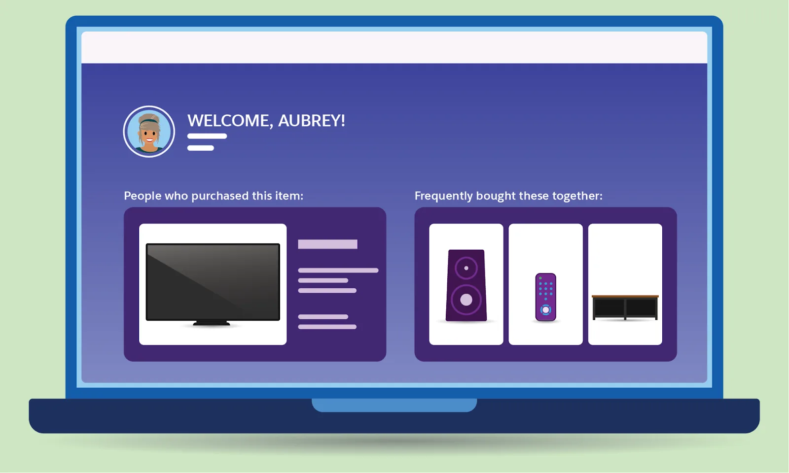 A website shows a user, Aubrey, what items other customers frequently buy with the items currently in the cart.