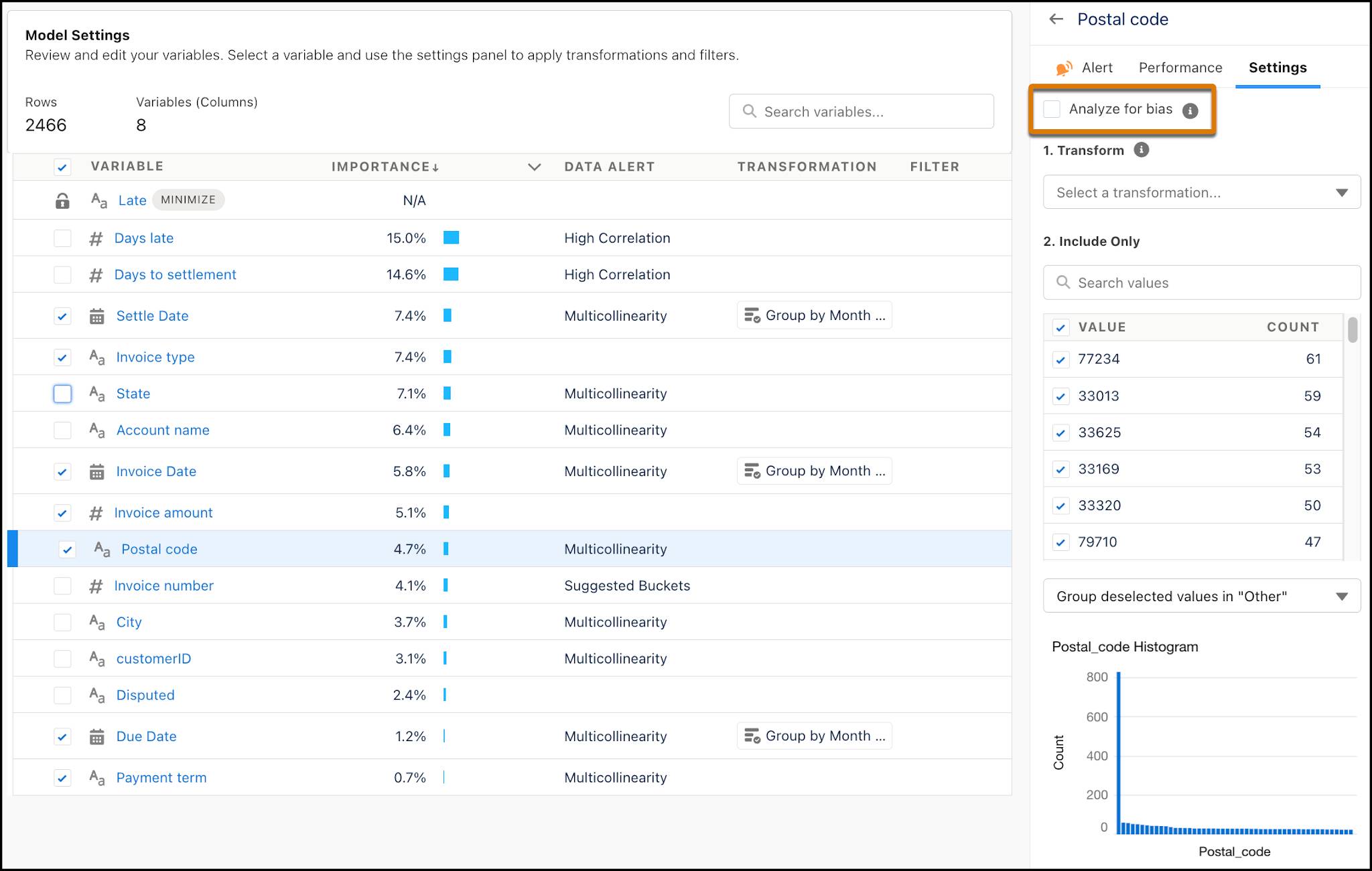 Story settings highlight the checkbox to mark a sensitive field. Postal code has a yellow badge indicating it is a sensitive variable.