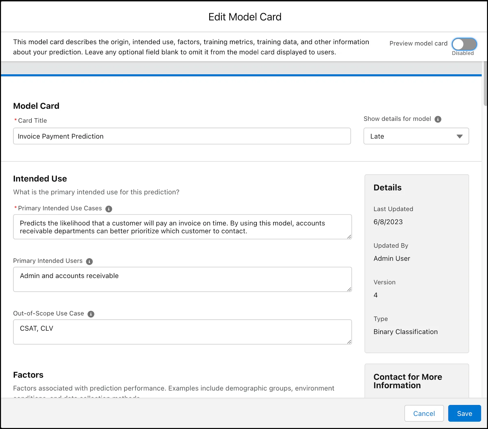 Model card edit mode displays required and optional fields to fill in.