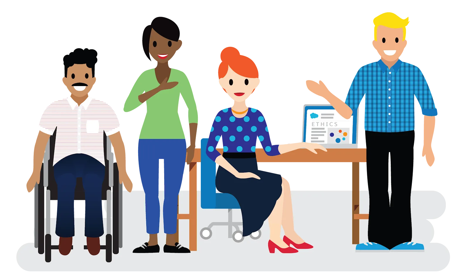 Diverse team sits in office with welcoming expressions. Computer screen reads “Ethics.”