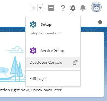 Screenshot displaying quick access menu used to open Developer Console from Lightning Experience