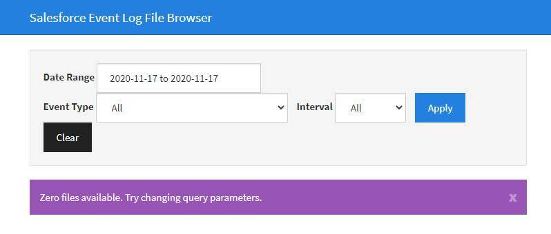 Screenshot mit dem Browser für Ereignisprotokolldaten ohne zurückgegebene Ergebnisse
