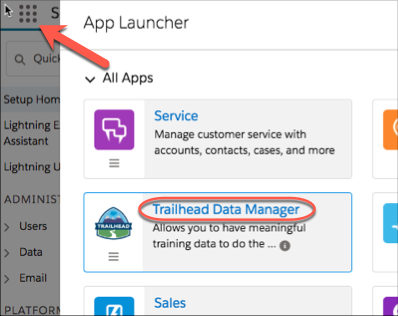 çªåºæ¾ç¤ºTrailhead Data Manageréé¡¹çApp Launcherèå