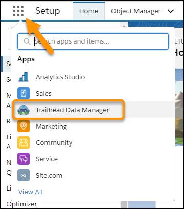 App Launcher menu with Trailhead Data Manager option highlighted