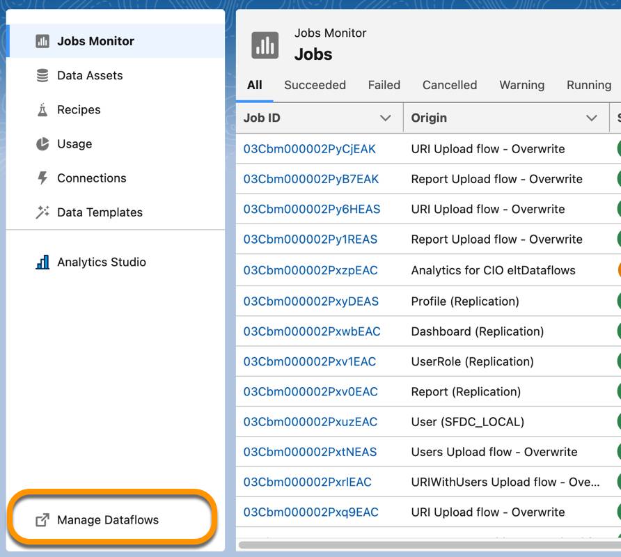 [Manage Dataflows (データフローを管理)] リンクの位置
