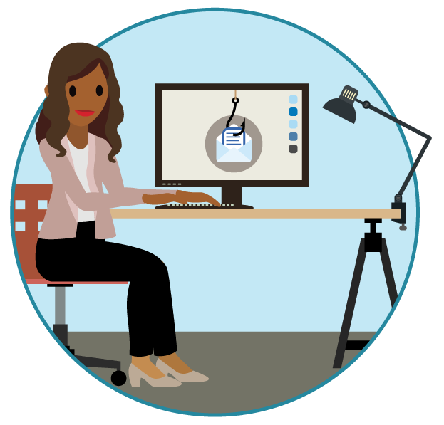 An executive is sitting at her desk examining a whaling email on her computer.
