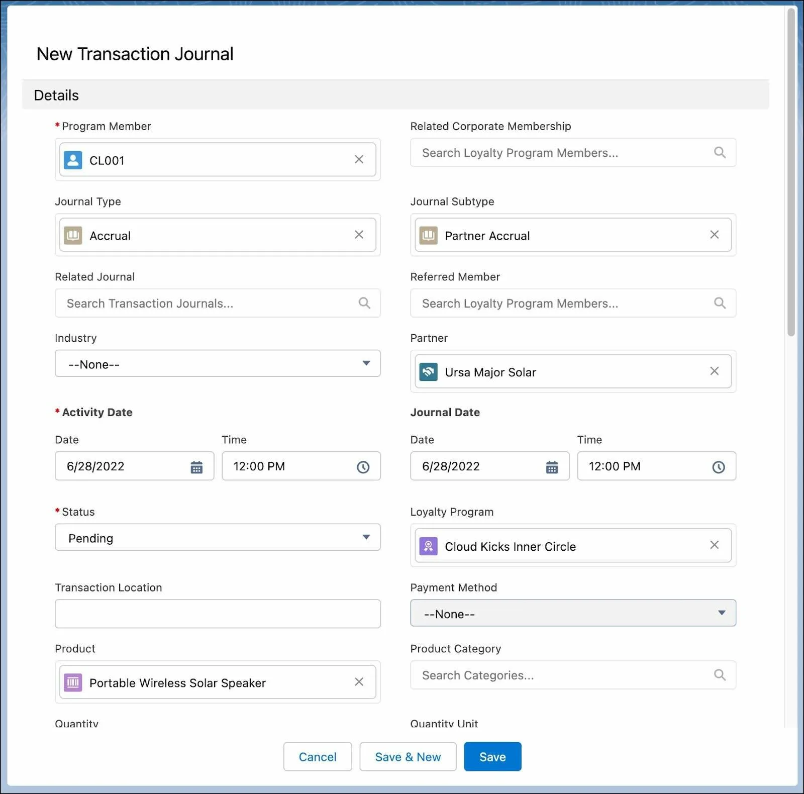 The New Transaction Journal window where you can manually create a transaction journal