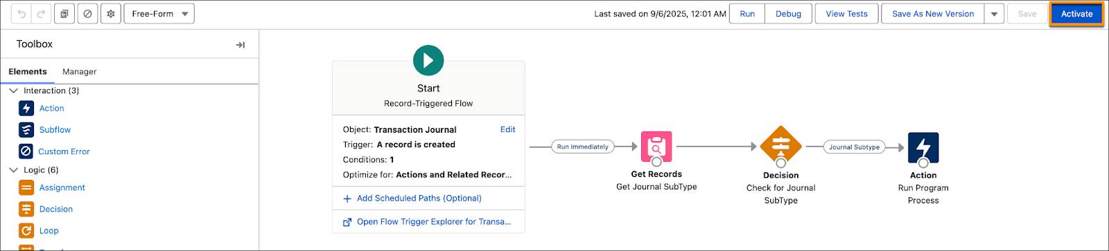 The Flow Builder page where you activate the flow.