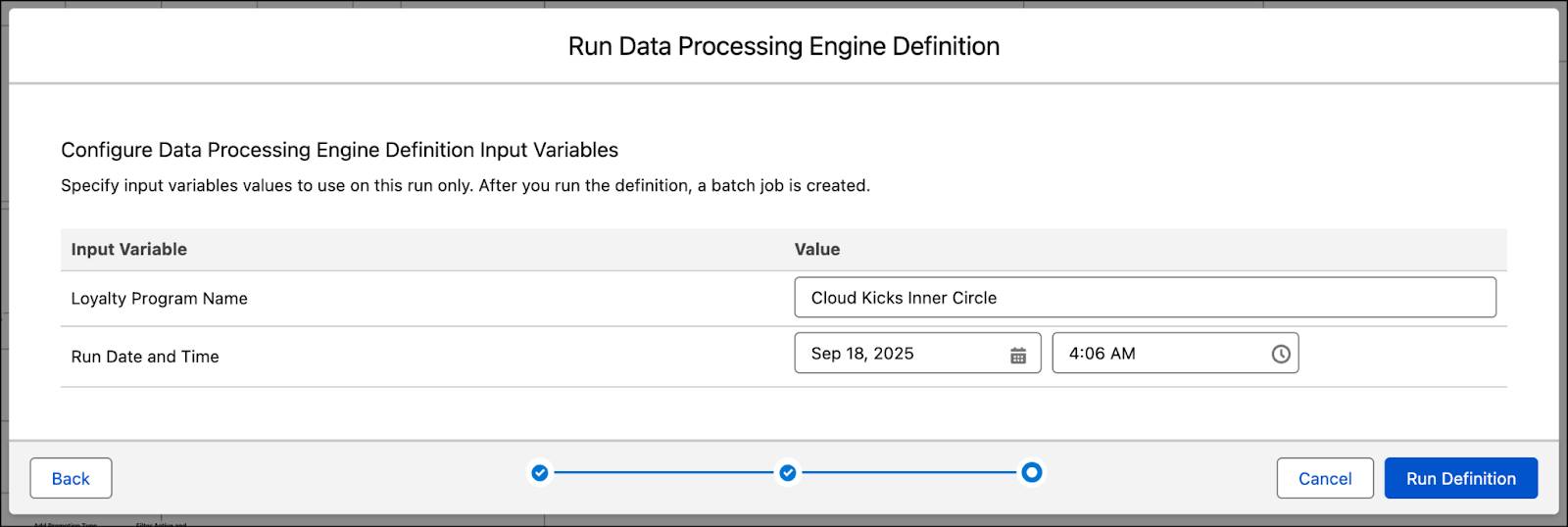 The Run Data Processing Engine Definition window where you enter details of the input variables.