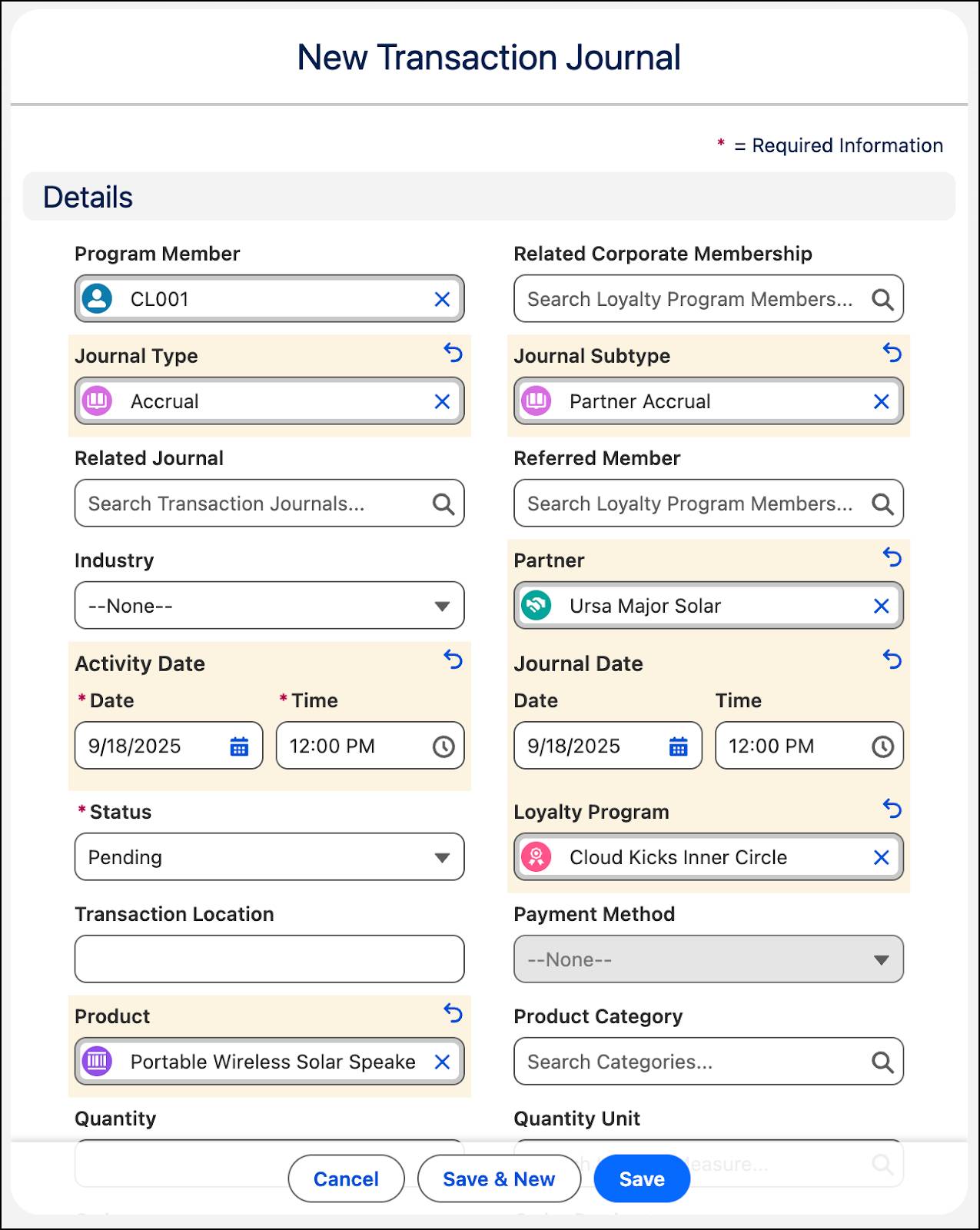 The New Transaction Journal window where you can manually create a transaction journal.