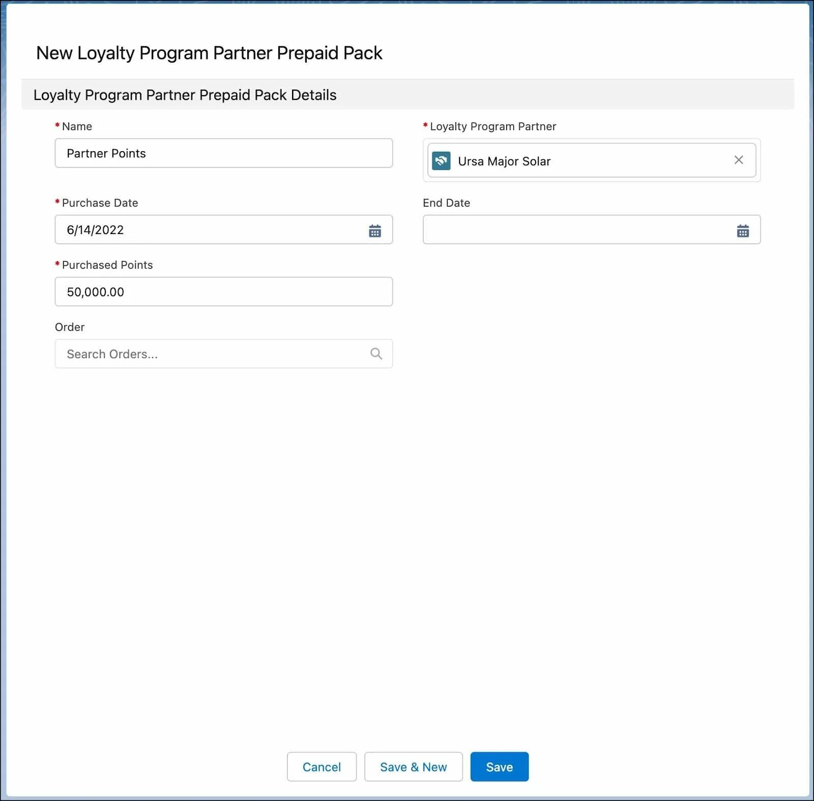 The New Loyalty Program Partner Prepaid Pack window where you can create the points purchased by the partner