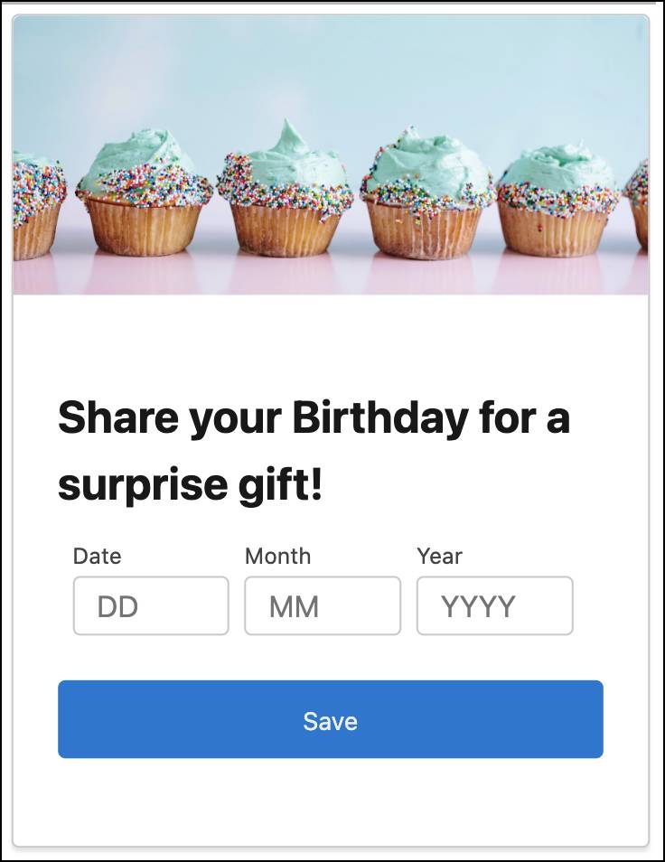 The Share your Birthday for a surprise gift widget.