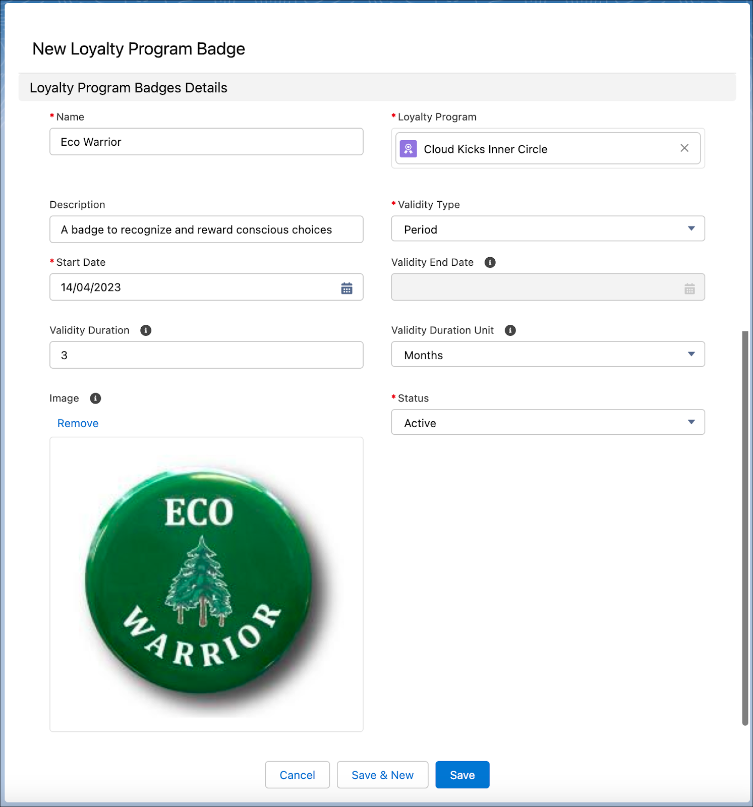 The New Loyalty Program Badge window where you create a badge.