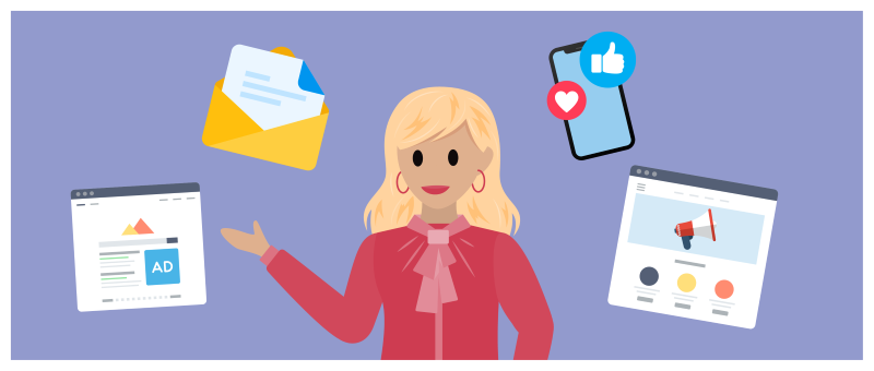 Different ways customers interact with a brand: social media, email communication, advertising, and digital marketing.