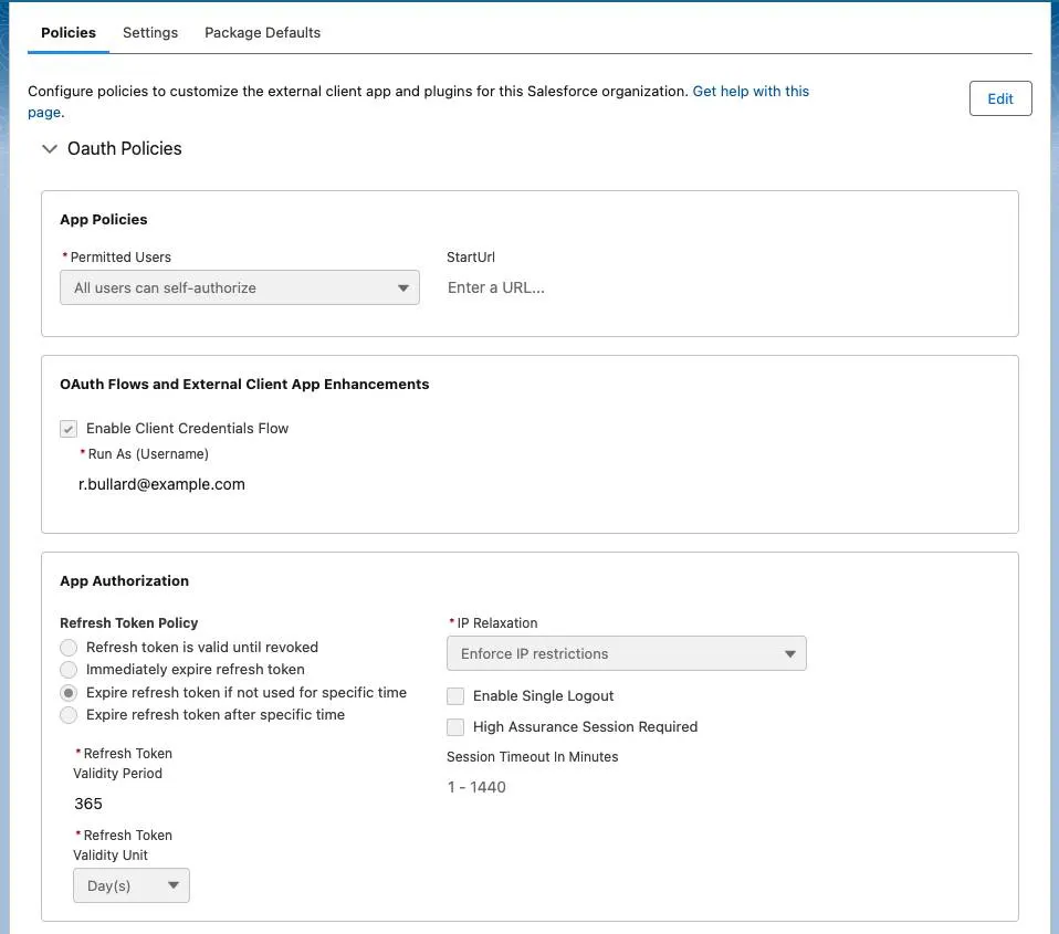 The External Client App Manager is open on the Policies tab with editable fields to configure the OAuth policies.