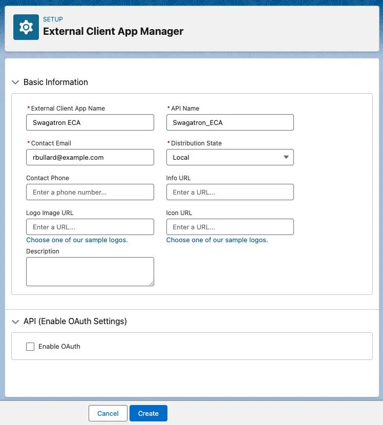 The External Client App Manager is open with editable fields to create an external client app.