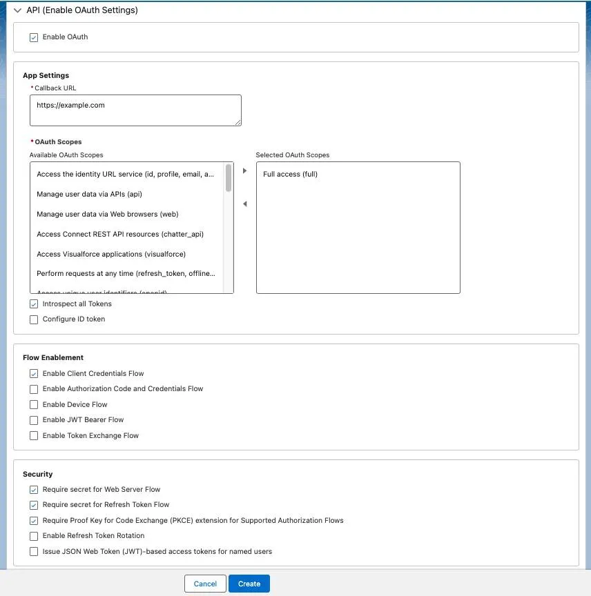 The External Client App Manager is open on the Settings tab with editable fields to configure the OAuth settings.