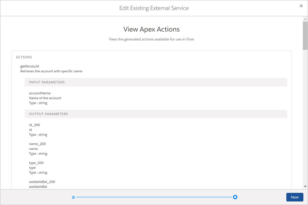 Apex actions visible in the External Services wizard.