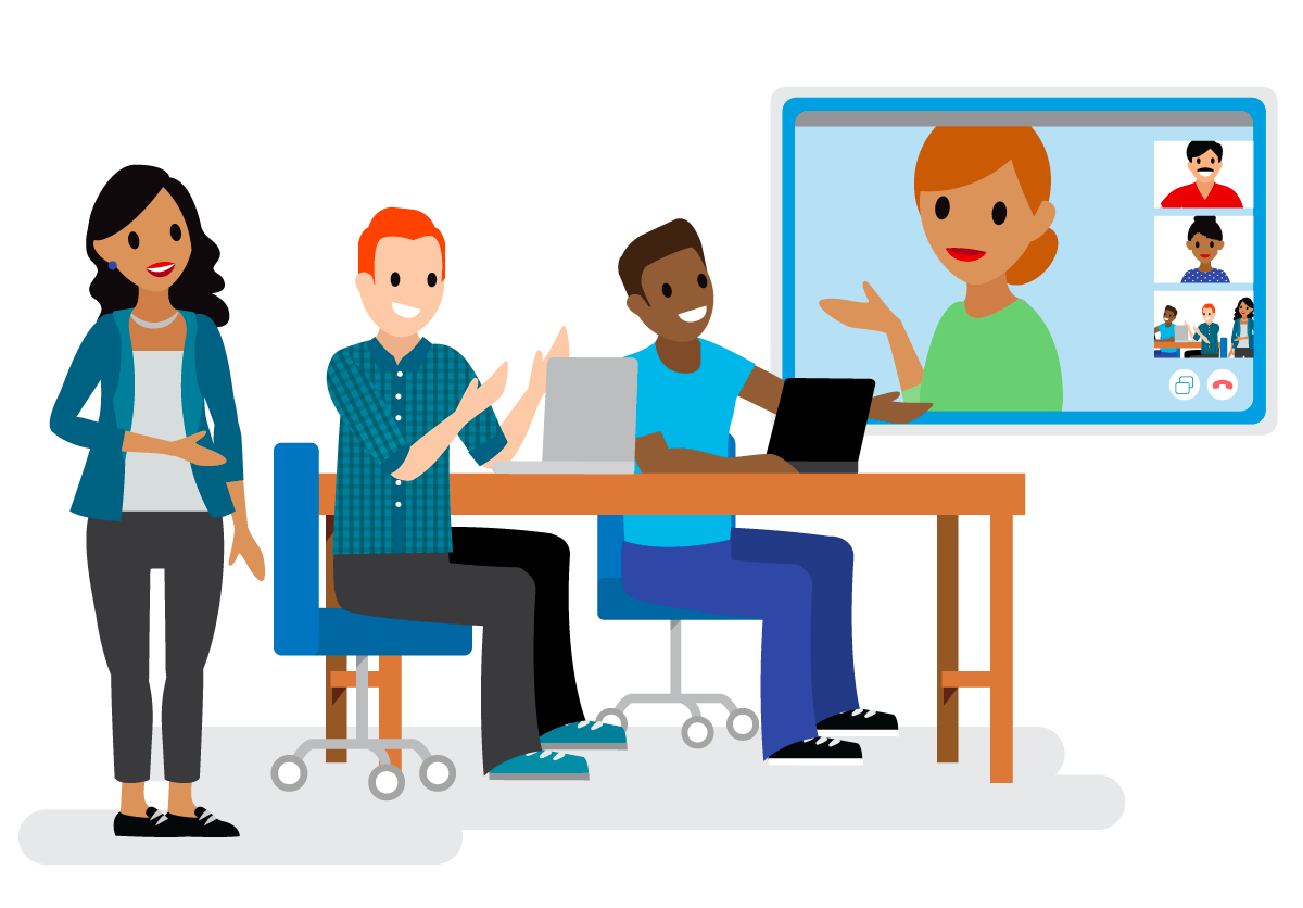 A team meeting in which all of the members—including a few on video chat—are effectively collaborating.