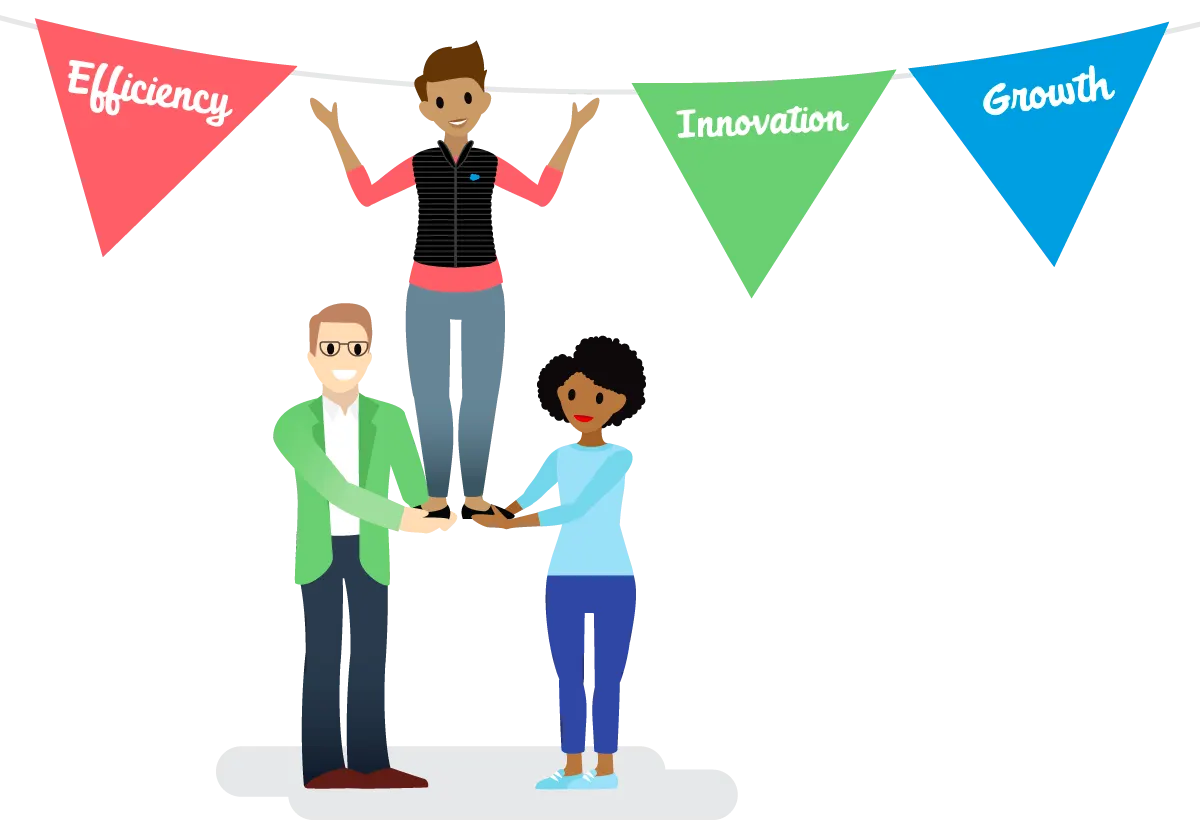 A man and a woman boosting another person up beneath three banners labeled, Efficiency, Innovation, and Growth.