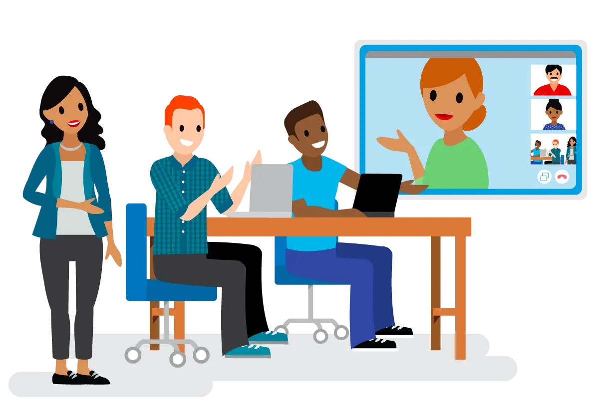 A team meeting in which all of the members—including a few on video chat—are effectively collaborating.