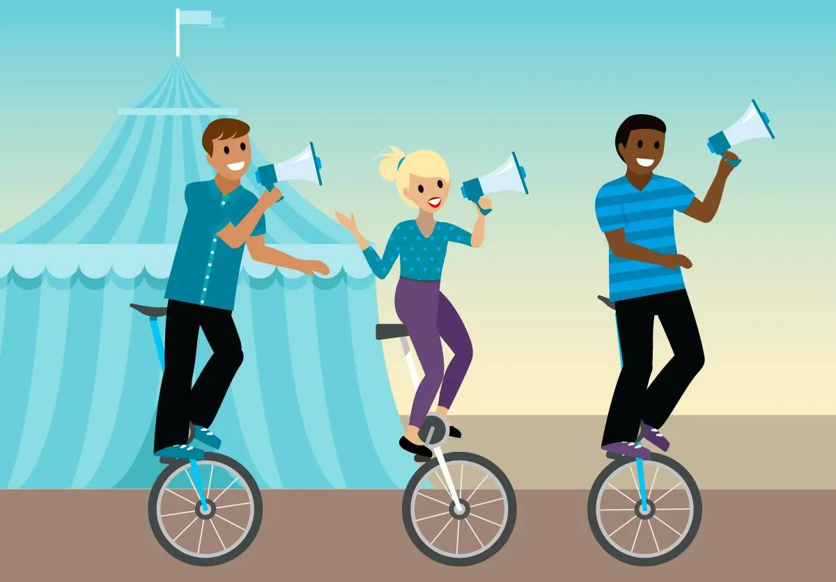 A woman and two men riding unicycles and speaking through bullhorns.