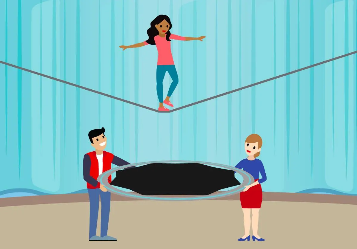 A woman walking on a tightrope while a man and woman hold a safety net beneath her.