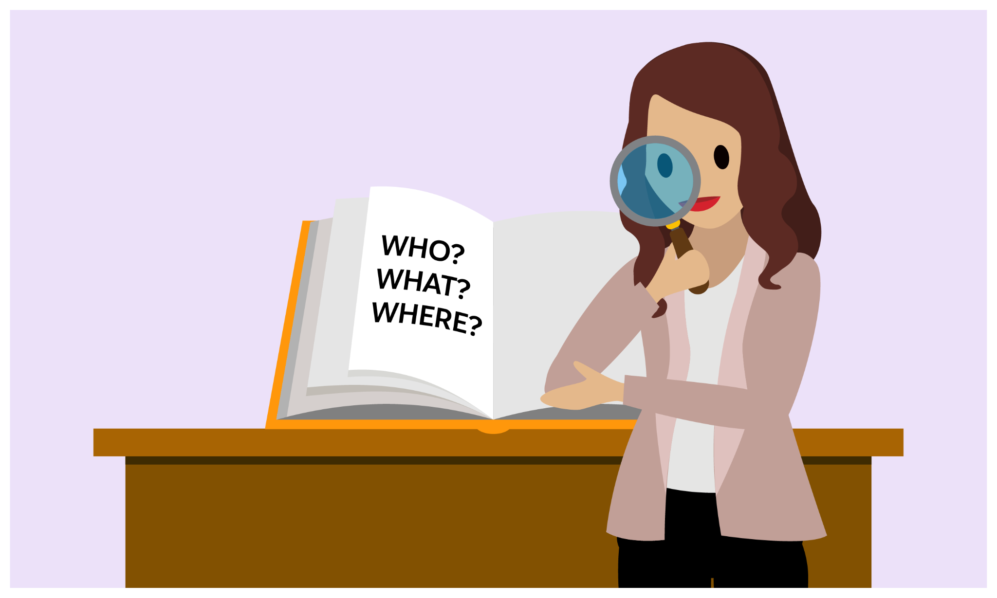 An admin is looking through a magnifying glass, and is standing next to a journal with “Who? What? Where?” written on it.