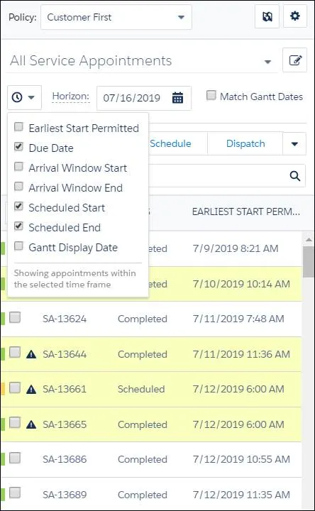 Service appointments with the horizon fields menu opened.