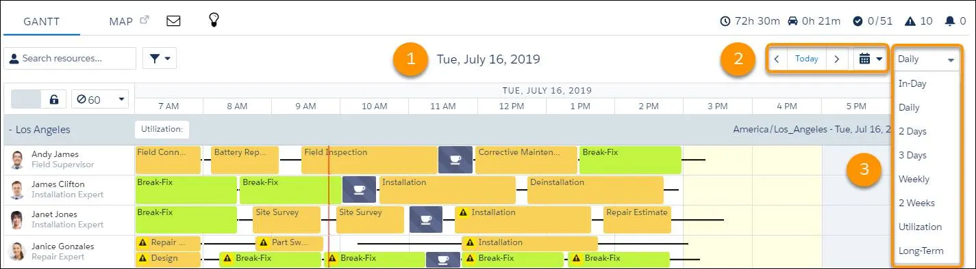 Gantt with options for changing the date and number of days to display.