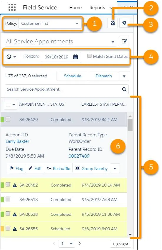 Dispatcher Console for Jacinta with service appointments on the left and the Gantt on the right