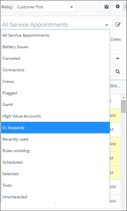 Service appointments with the filters opened and In Jeopardy selected.