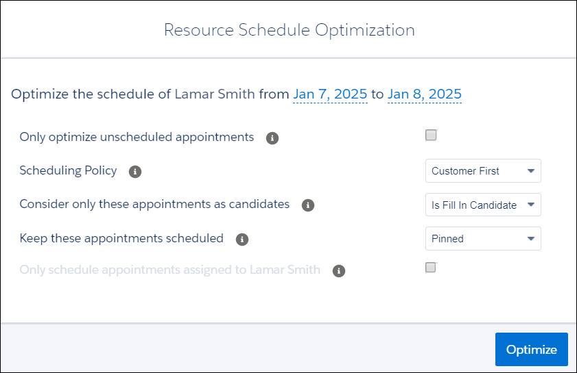Optimize dialog with the values filled in for Lamar Smith.