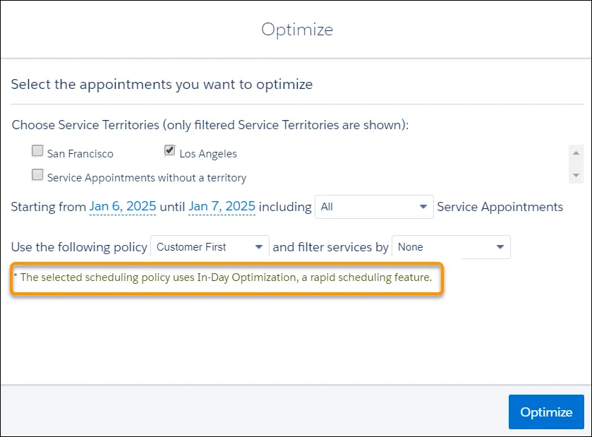 Jacinta の選択した値と、「The selected scheduling policy uses In-Day Optimization, a rapid scheduling feature (選択したスケジュールポリシーで、迅速なスケジュール機能である全日最適化が使用されます。)」というメッセージが表示されている [最適化] ダイアログ。