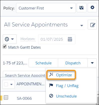 Optimize selected in the list of service appointments.