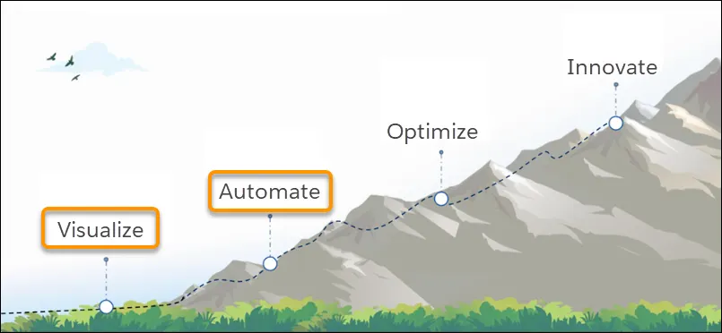 山頂へと登るフィールドサービスジャーニーの各ステップが表示され、[visualize (視覚化)] と [automate (自動化)] が強調表示されている山。