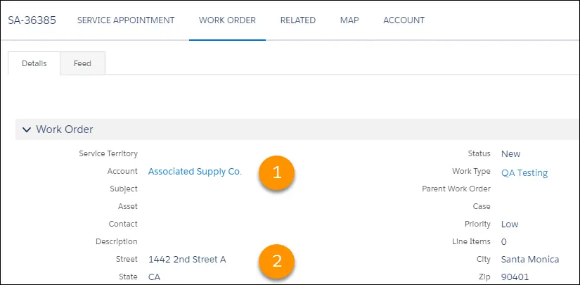 ALT: Work order highlighting the customer account name and address.